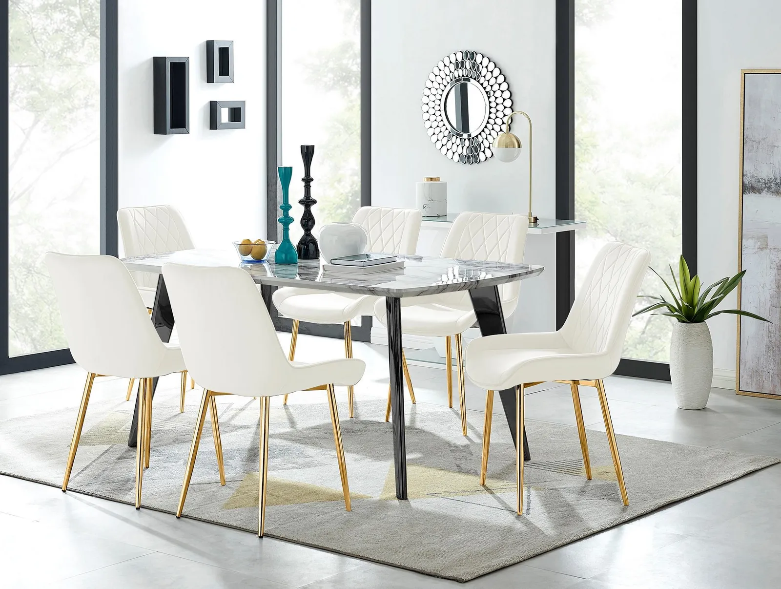 FurnitureboxUK Andria Marble Effect Dining Table With Black Legs & 6 Pesaro Velvet Gold Leg Chairs in Cream 1
