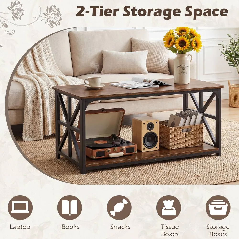 Costway Industrial Farmhouse Accent Table with Open Storage Shelf in Brown 6
