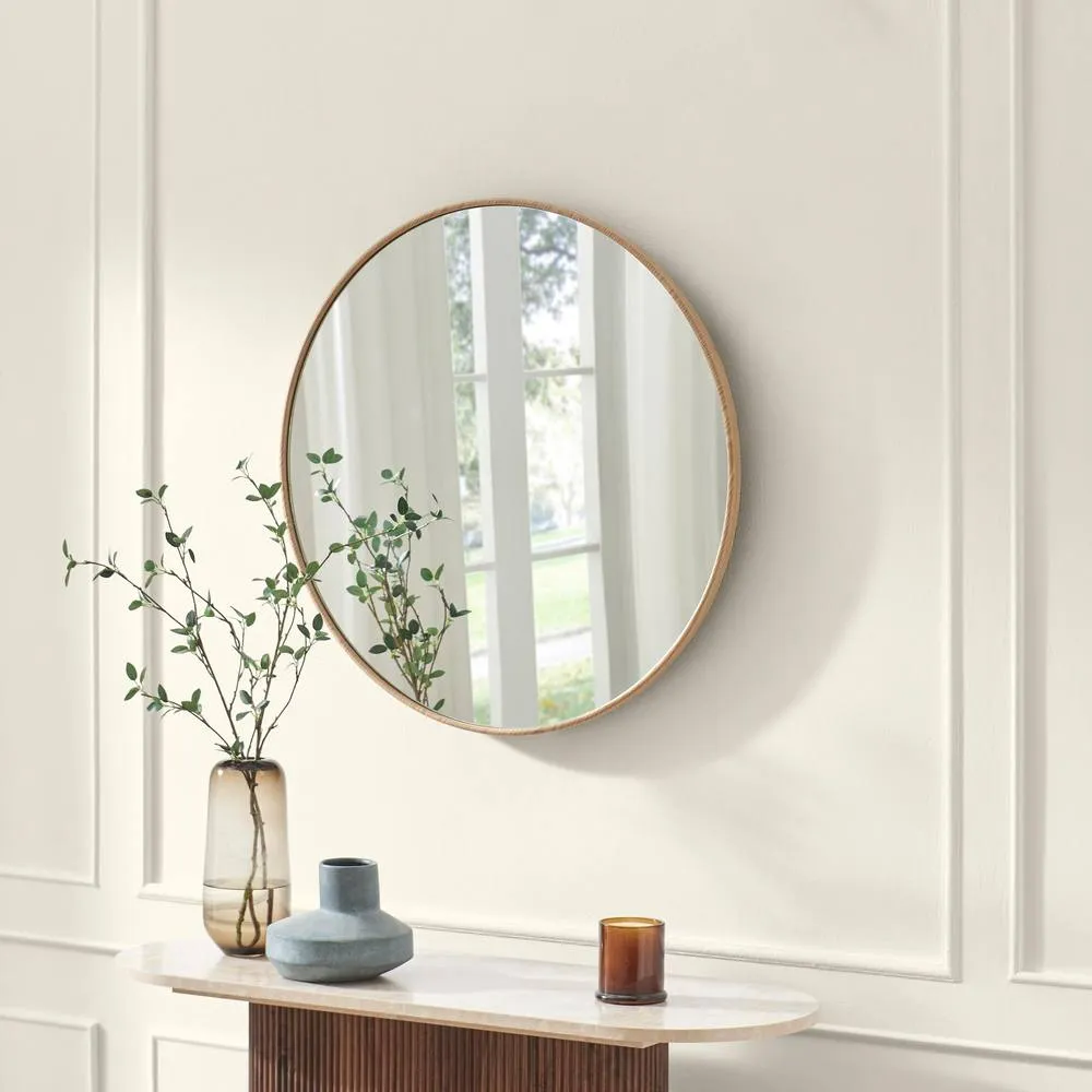 FurnitureboxUK Inga Oak Wood Medium Round 80cm Wall Mirror in Light Brown