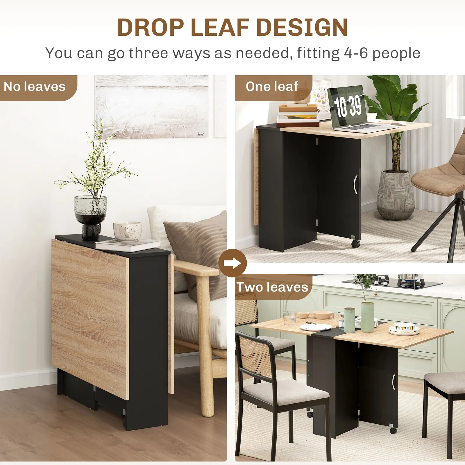 HOMCOM 80-140 cm Folding Dining Table for 4-6 Drop Leaf Table in Black 4
