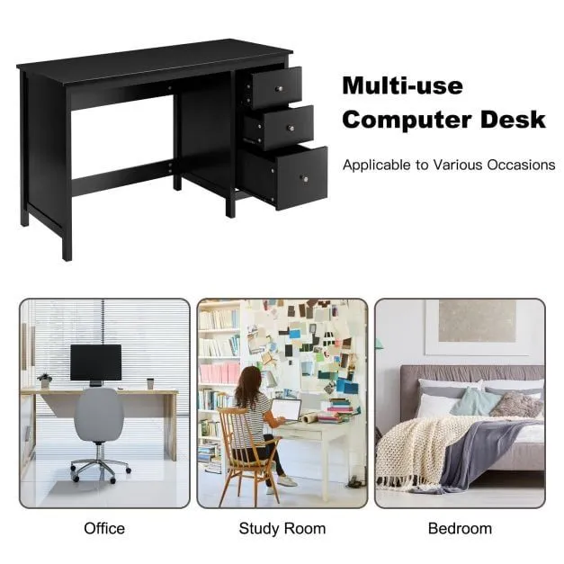 Costway Wooden Computer Desk Modern Writing Desk Workstation with 3 Drawers in Black 4