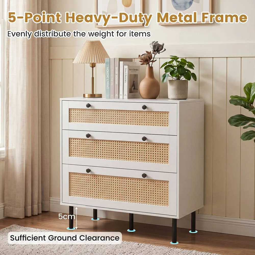 Costway Dresser with 3 Drawers & Rattan Design & 5 Metal Legs in White 6