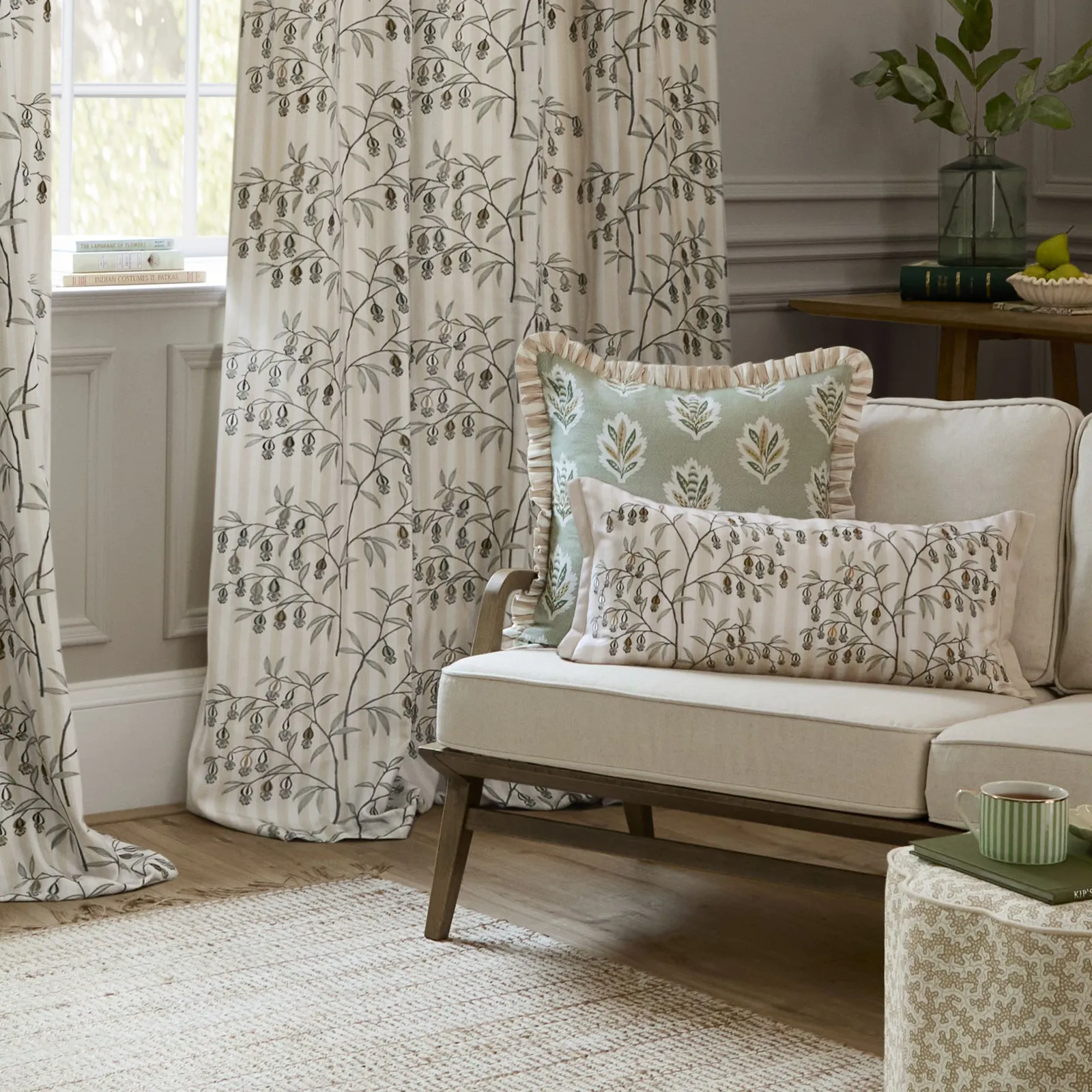 Sanderson Chinese Lanterns Embroidered Room Darkening Pencil Pleat Curtains in Beige 4