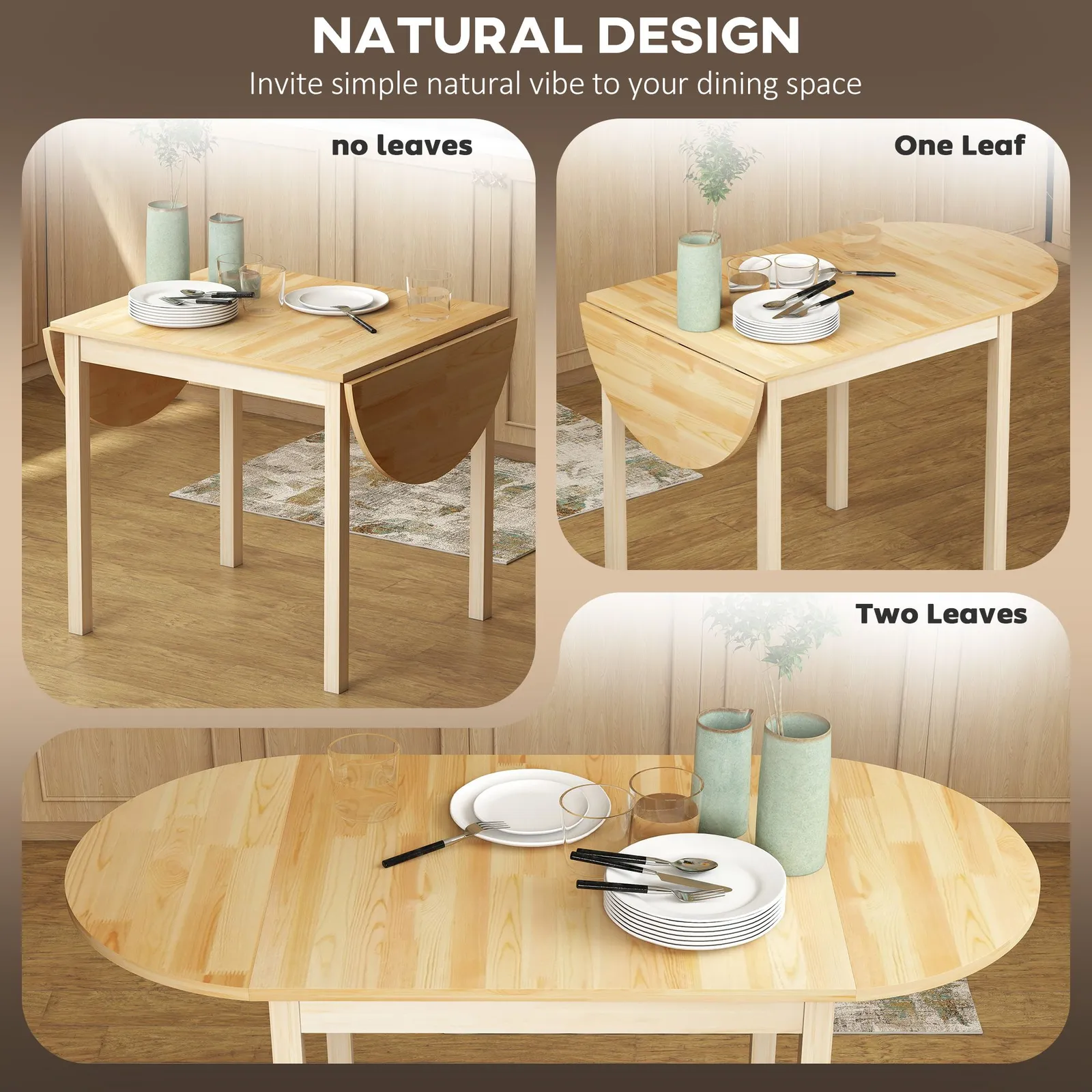 HOMCOM Foldable Dining Table, Solid Wood Drop Leaf Table, Natural 5