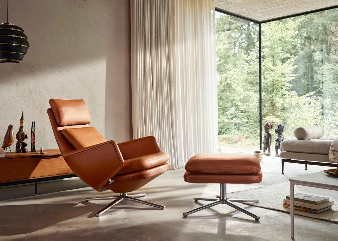Vitra Grand Relax Ottoman Leather Cognac Polished Base Felt Glides 2