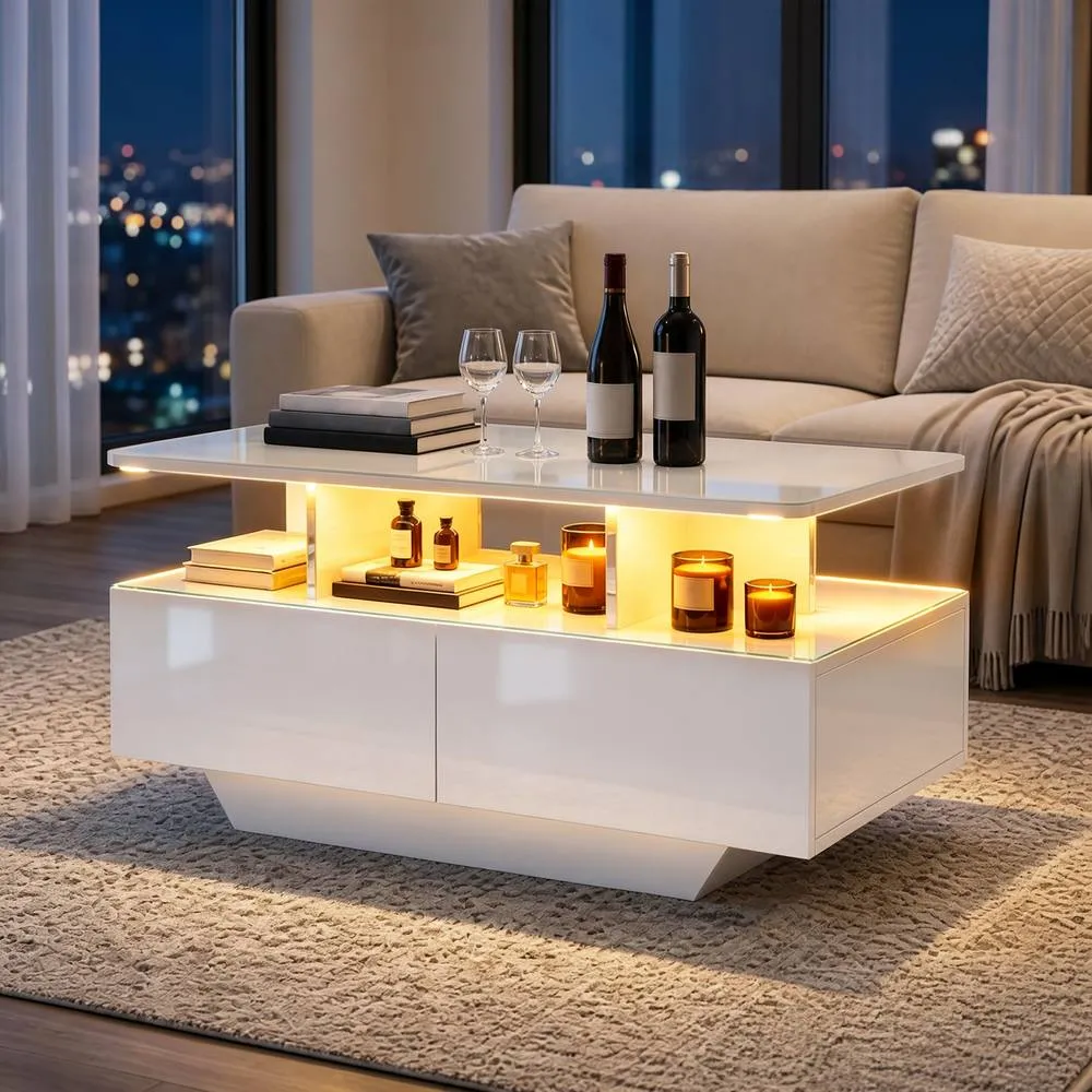 Costway Coffee Table 20-Colour Lighted High Glossy Center Table With 2 Drawers in White 5