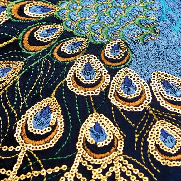 Navy Embroidered Peacock Cushion 2