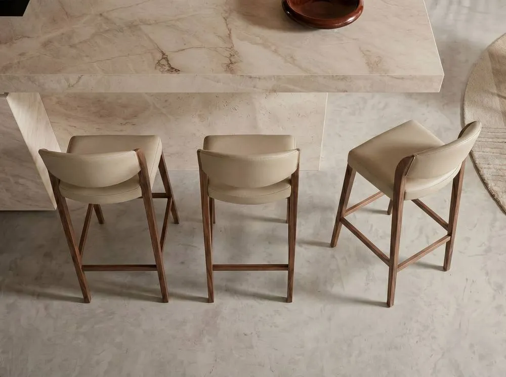 Angel Cerda Leatherette Stool with Walnut Legs in Beige 5