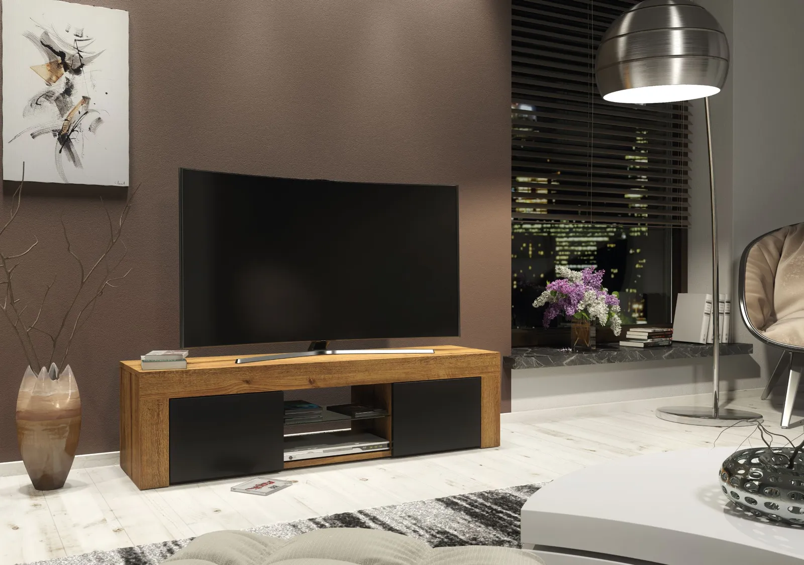 Creative Furniture Loom TV Unit 130cm Modern - Oak with Black Matt Doors in Brown 4