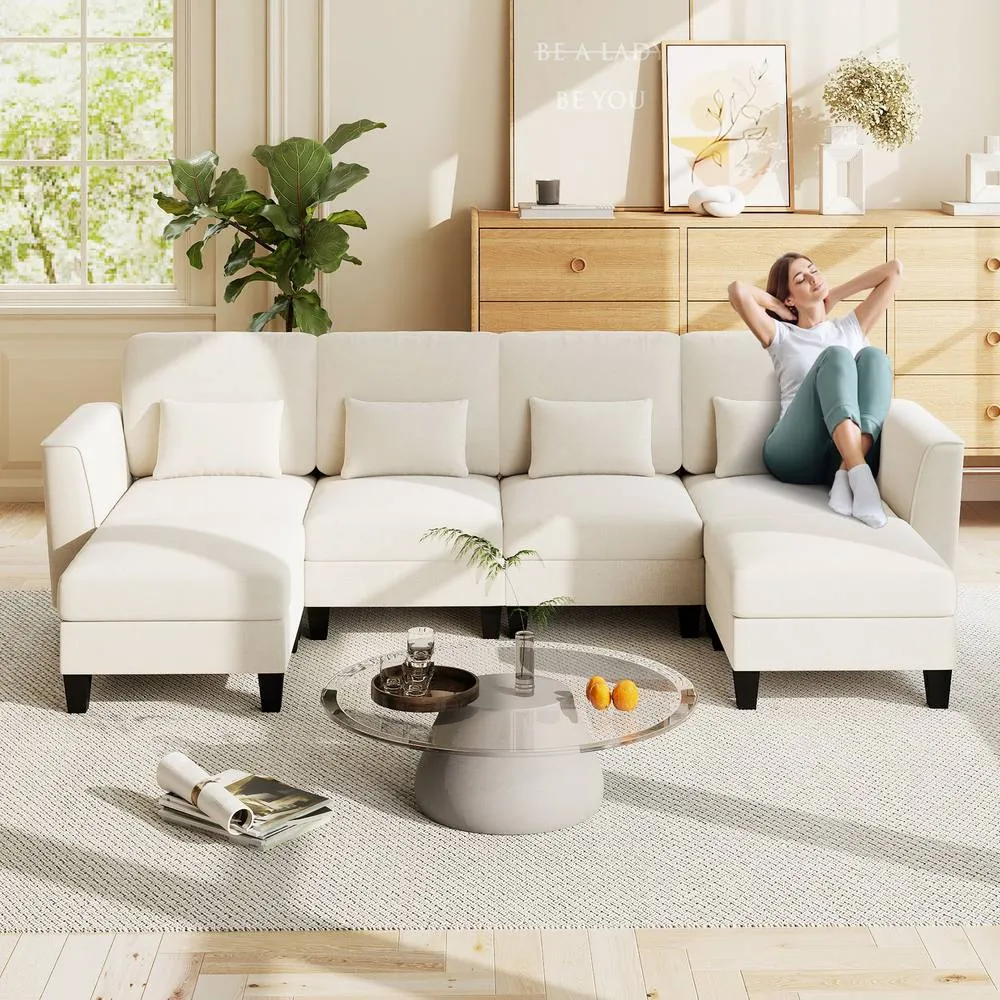 Costway Sectional Sofa with 2 Ottomans 4 Seat Sofa Set with Double Chaise in White 3