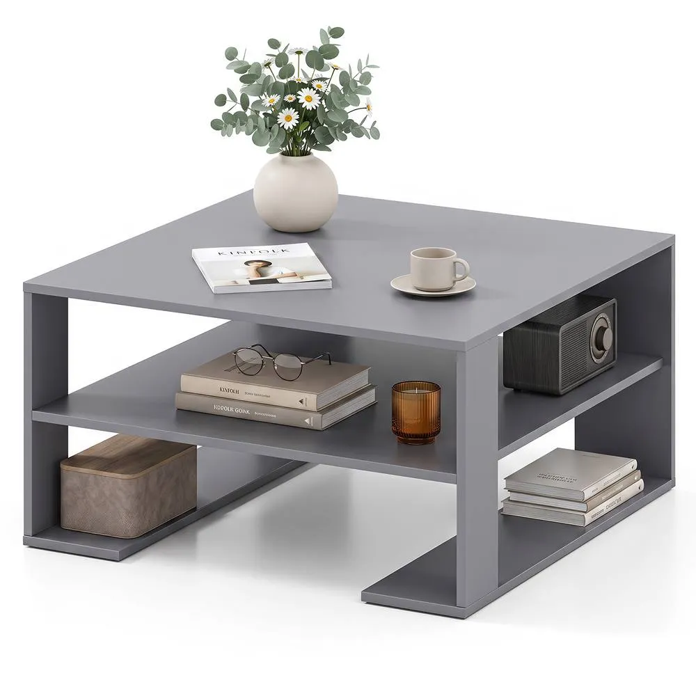 Costway Square Coffee Table Modern Compact Center Table with Open Shelf in Grey 1