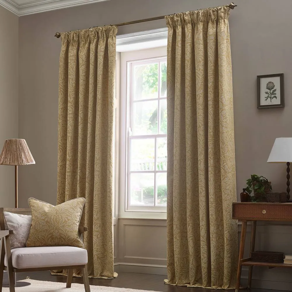 Morris & Co Acorn Tonal Fully Lined Matt Jacquard Pencil Pleat Curtains in Gold 2