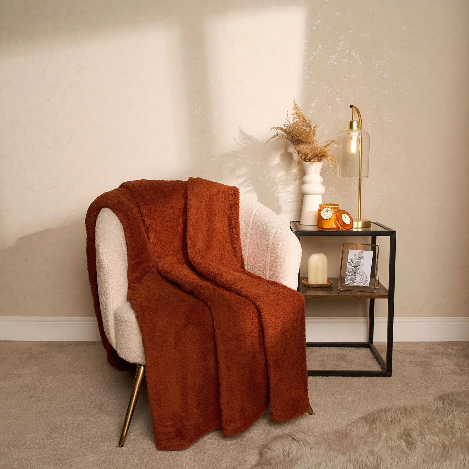 OHS Large Teddy Fleece Throw Blanket in Burnt Orange