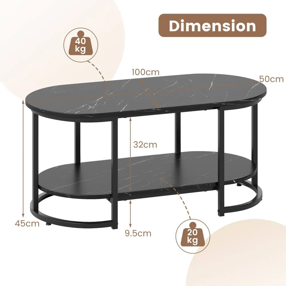Costway Marble Coffee Table Modern 2-Tier Center Table with Shelf-Black in Black 2