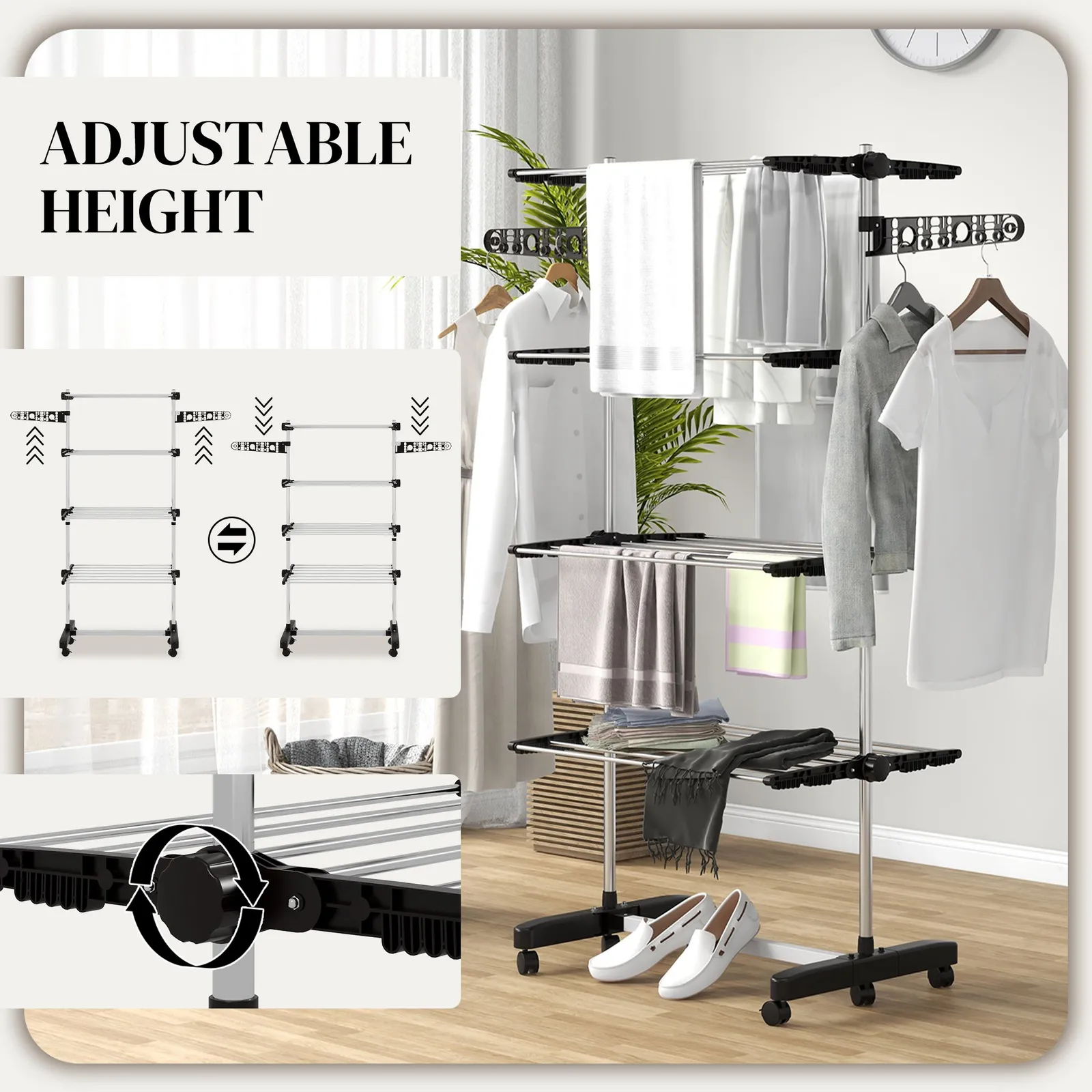 HOMCOM 4-Tier Large Clothes Airer Stainless Steel Clothes Drying Rack Black 4