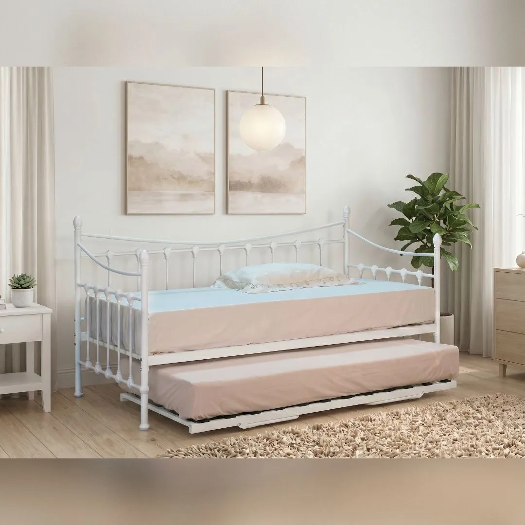 Comfy Living Ltd White Ornate Metal Day Bed With Trundle