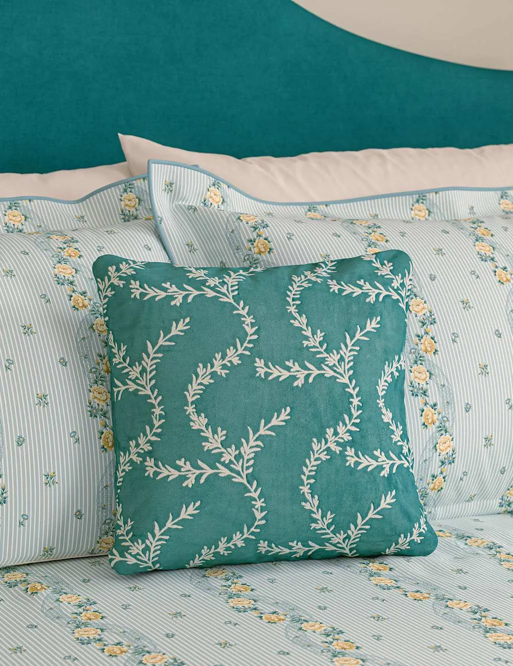 V&A Pure Cotton Velvet Chikan Cushion Teal