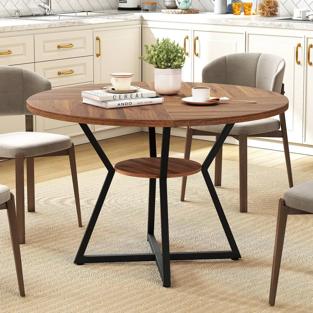 Costway Round Wooden Kitchen Table Dining Table w/ Storage Shlef in Brown 4