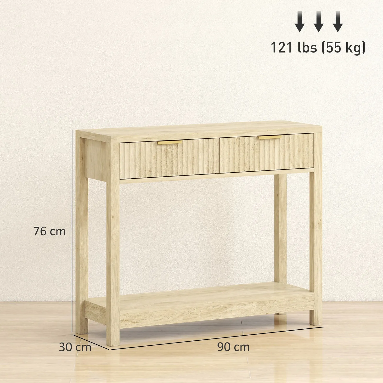 HOMCOM Modern Console Table with Fluted Panel Drawers, Narrow Hallway Table in Natural 3