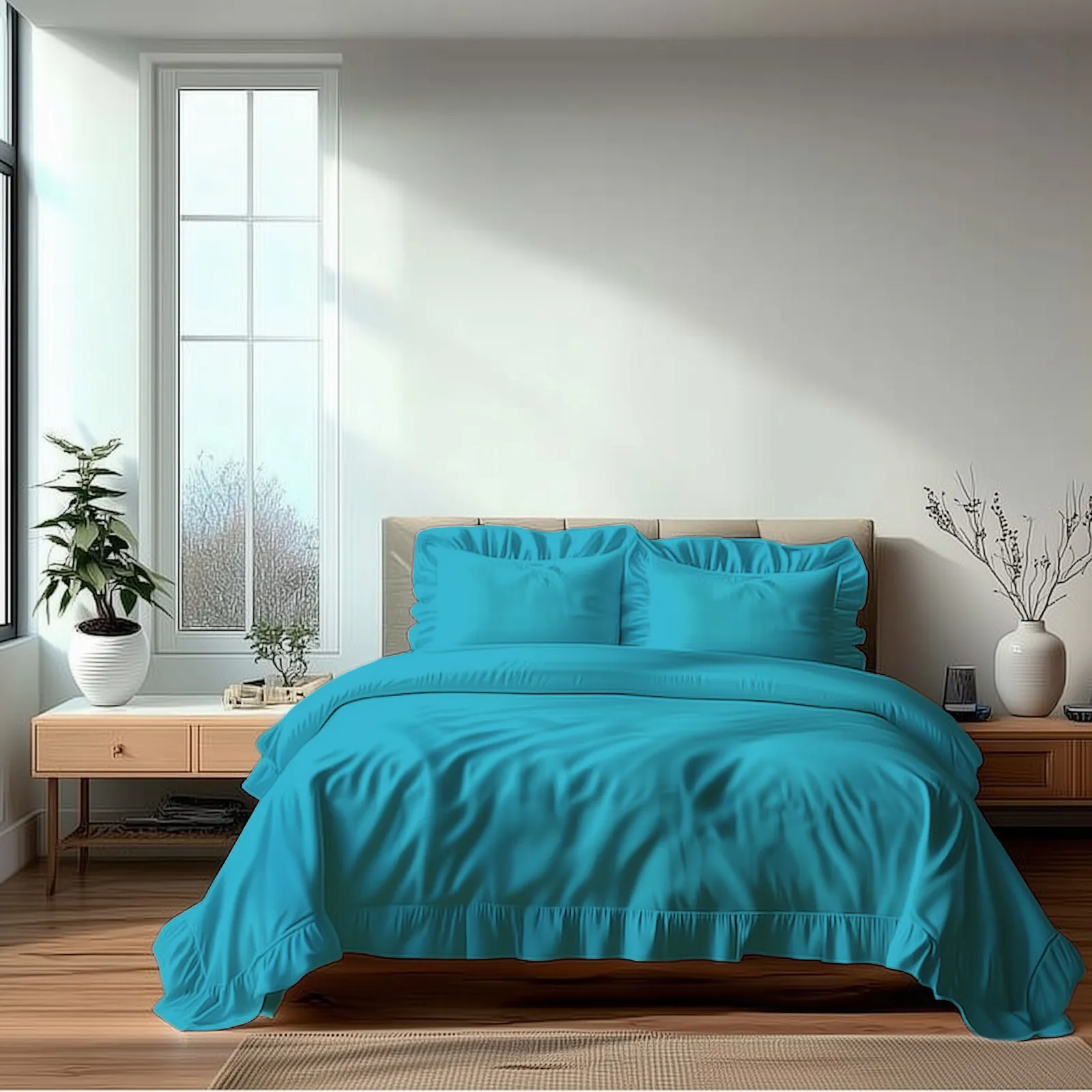 Snug City Duvet Cover & Pillowcase Set Trendy Polycotton Frilled Design Linen in Teal