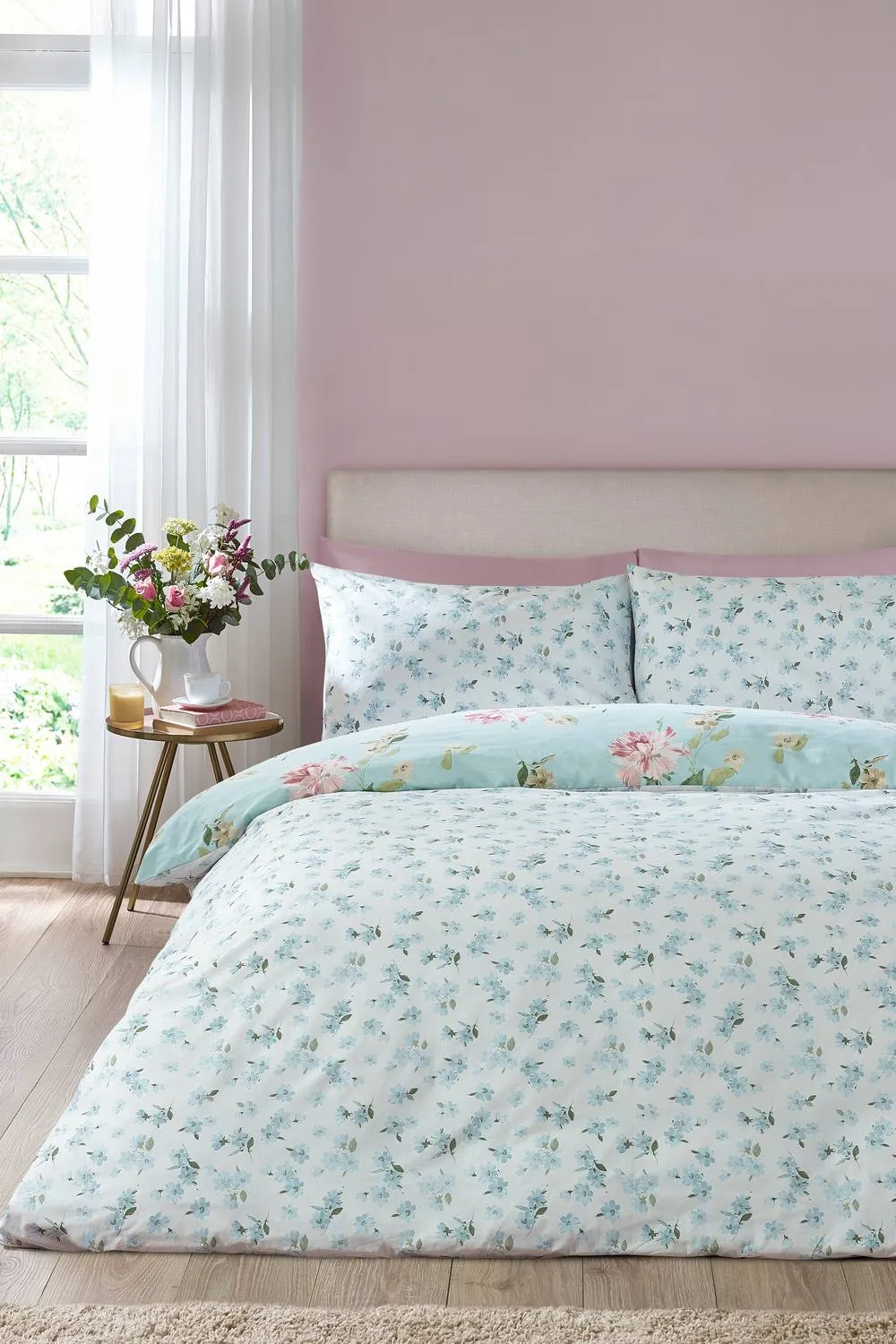 Catherine Lansfield 'Avebury Floral' Reversible Duvet Cover Set in Duck Egg Blue 2