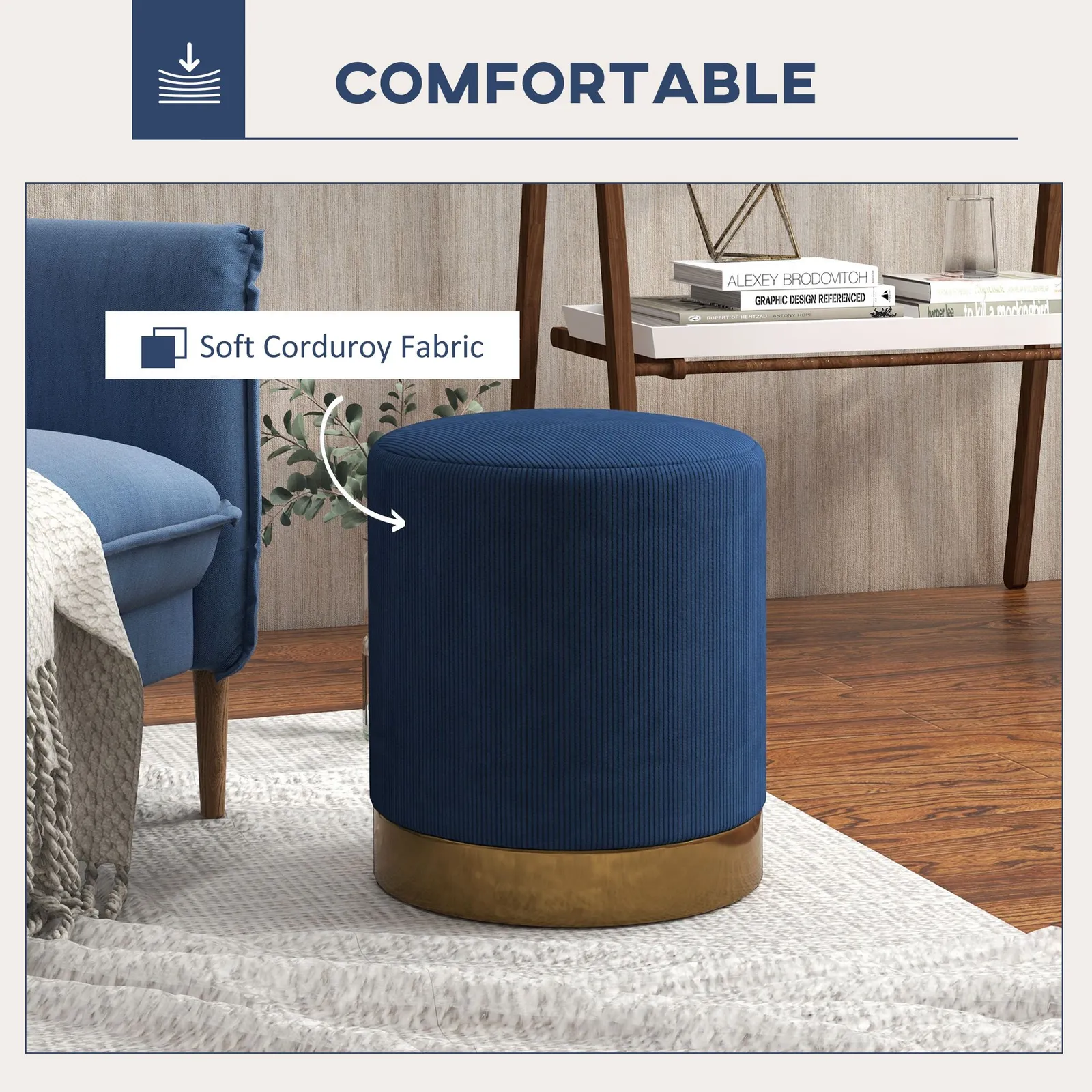 HOMCOM Modern Round Footstool, Fabric Upholstered Foot Rest in Dark Blue 4