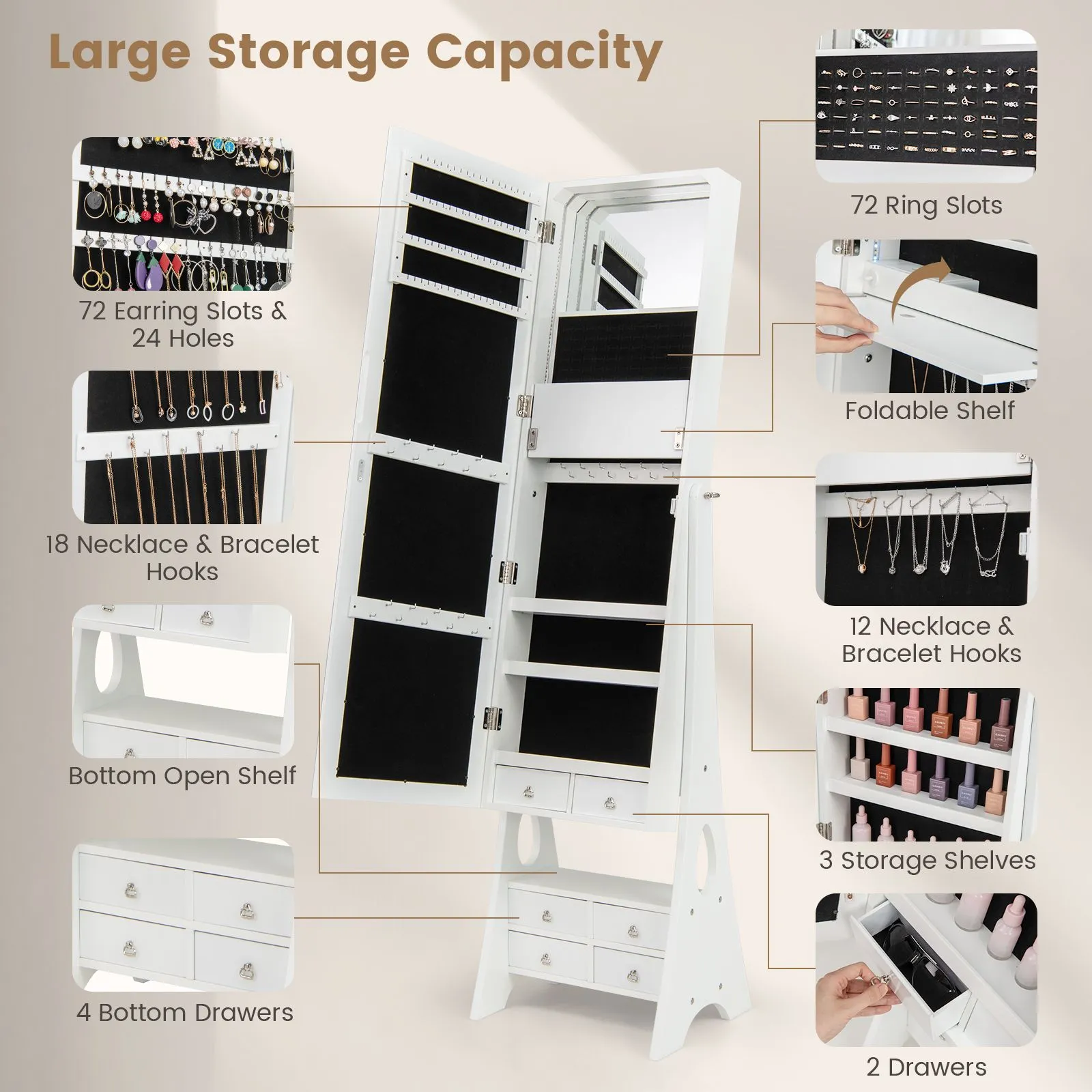 Costway Jewelry Cabinet 3-color LED Lighted Jewelry Organizer Armoire in White 3