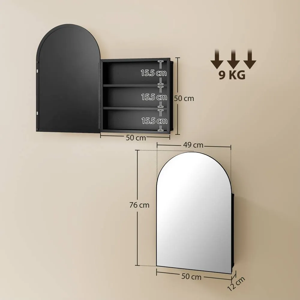 HOMCOM Bathroom Mirror Cabinet with Mirror Arched Wall Cabinet Black 3