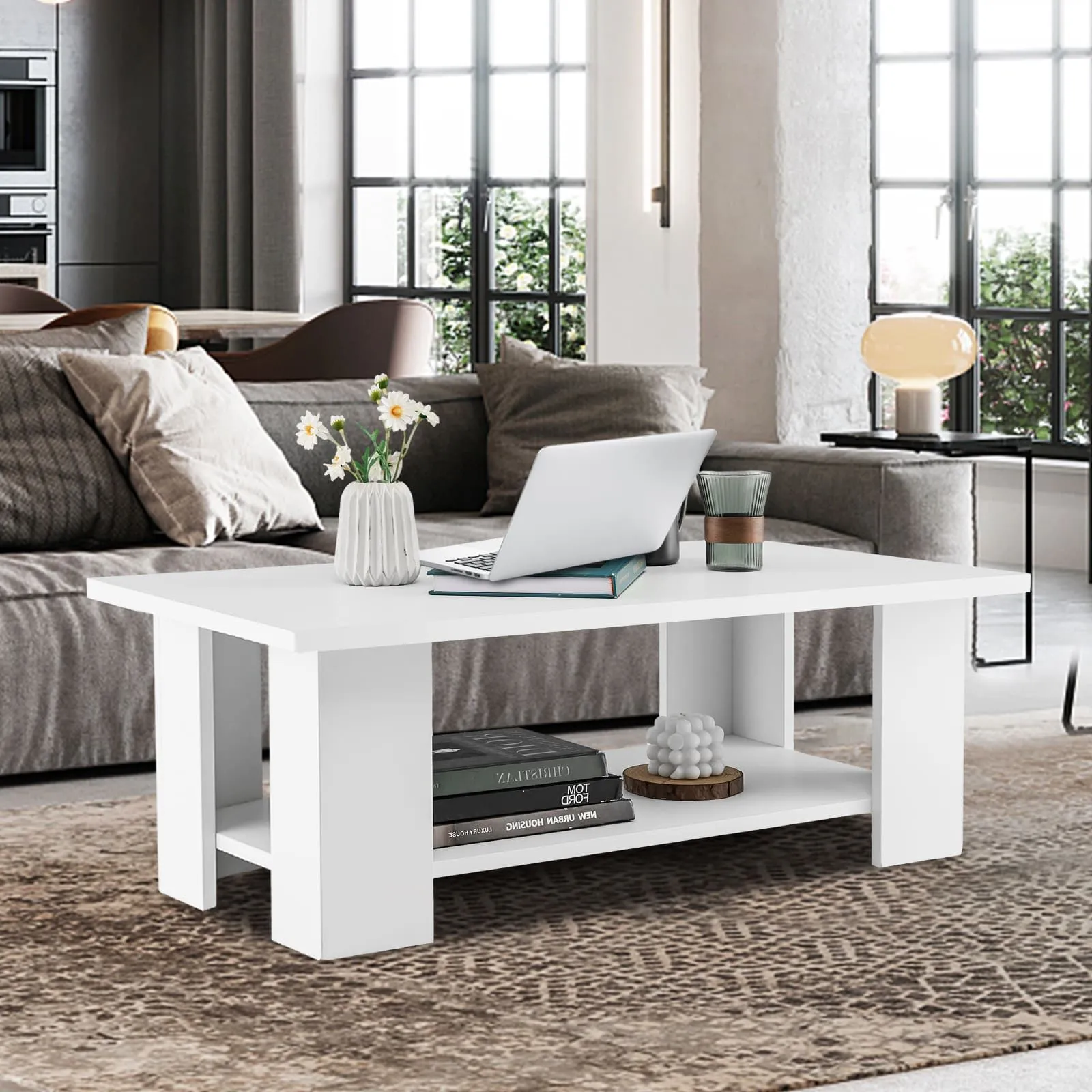 Costway Coffee Table Modern Cocktail Table for Small Space with Storage in White 3