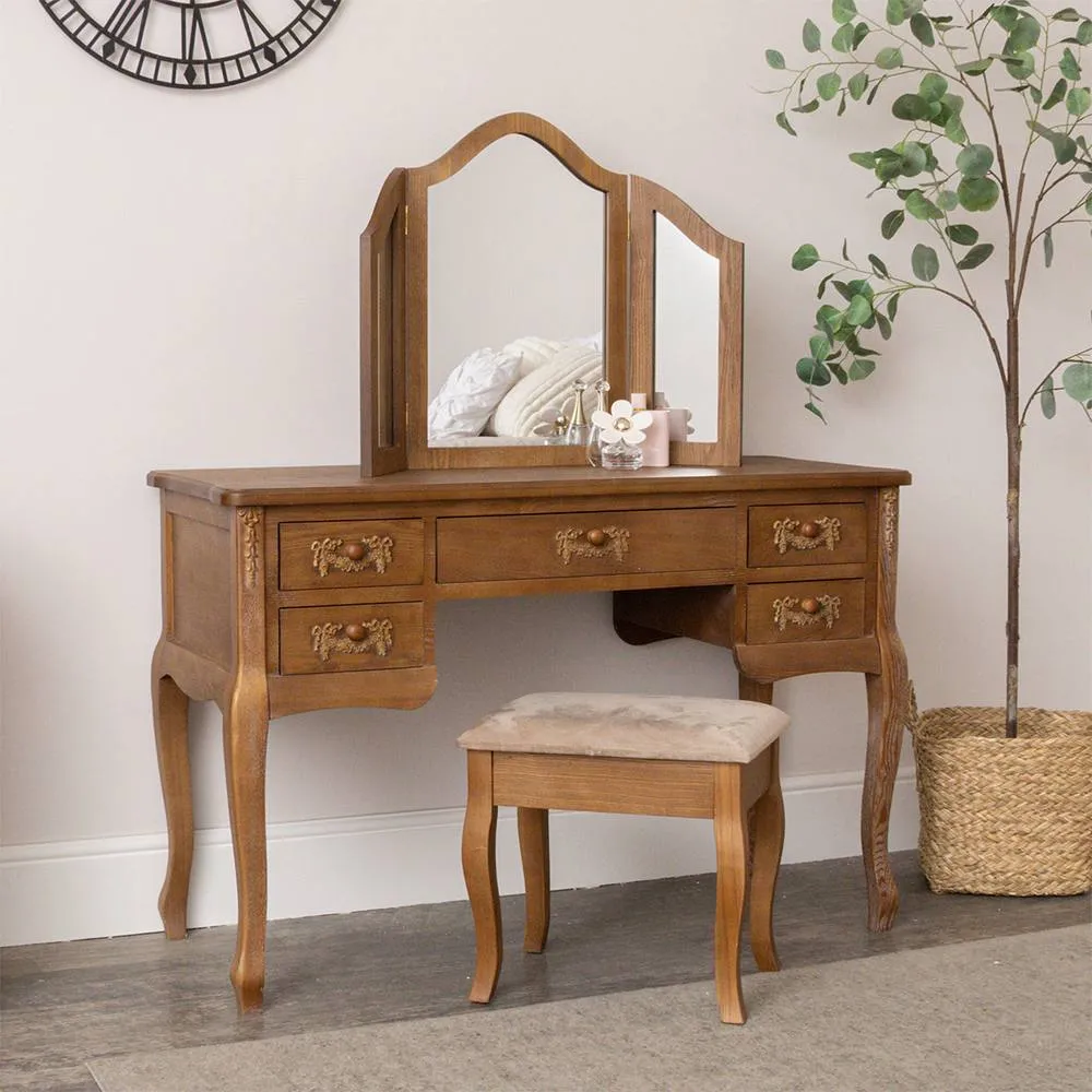 Melody Maison Wooden Dressing Table With Triple Mirror & Stool - Pays Du Bois Range in Brown