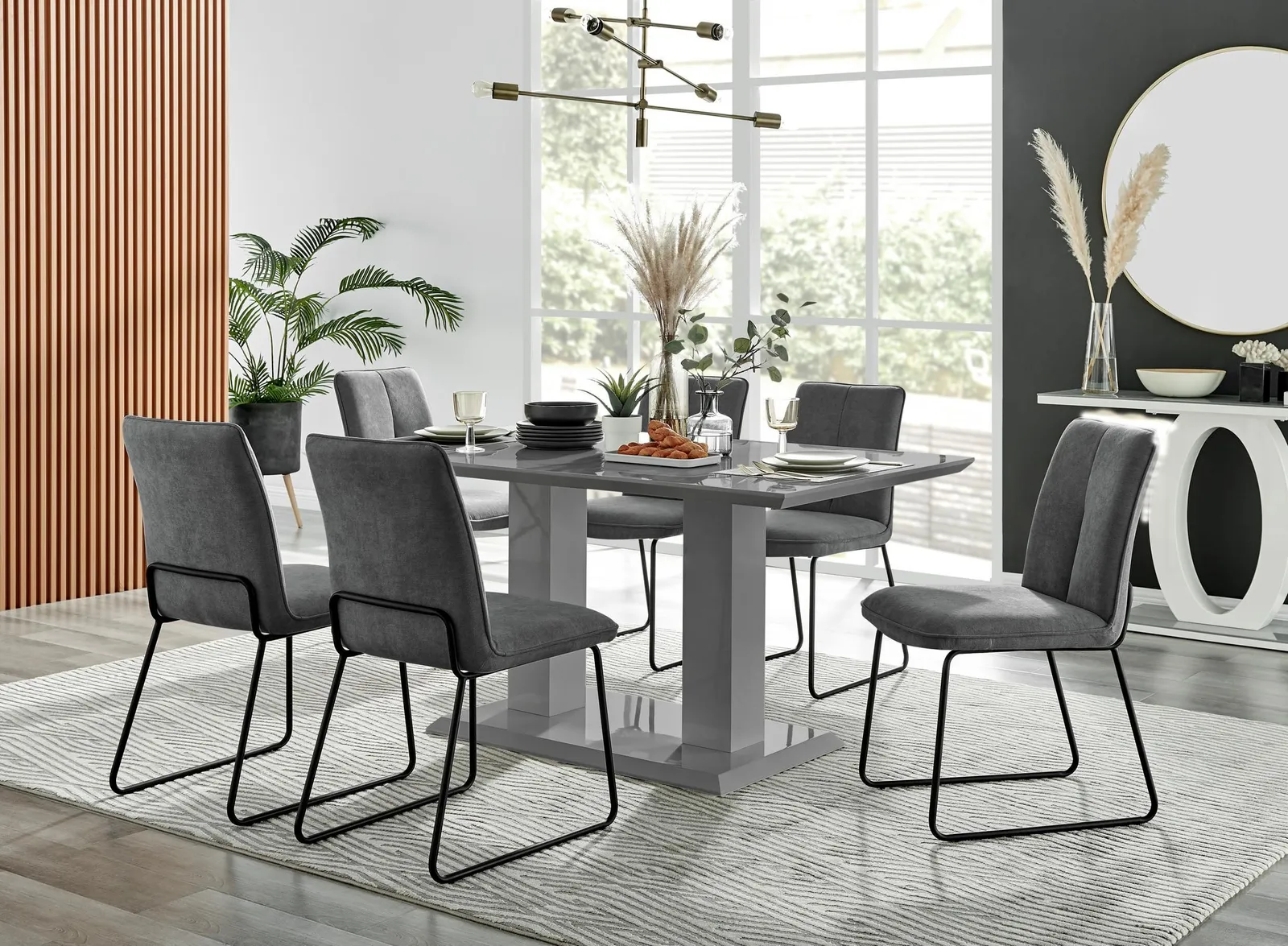 FurnitureboxUK Imperia High Gloss Grey Dining Table & 6 Halleyy Chairs in Dark Grey 1