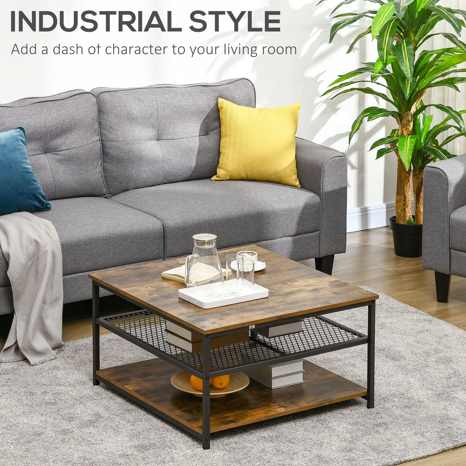 HOMCOM Industrial Coffee Table Centre Table with 3-Tier Storage Shelves in Brown 4
