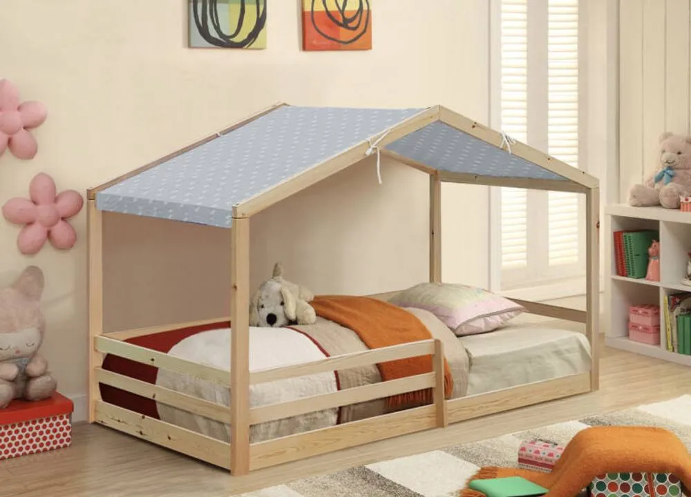 Comfy Living Ltd 3ft Wooden House Bed With Grey Tent in Natural