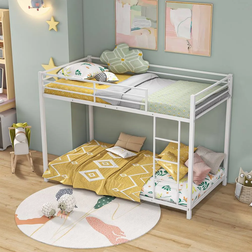 Costway Single Metal Bunk Bed Floor Bed Frame w/Ladder &Full-length Guardrails in White