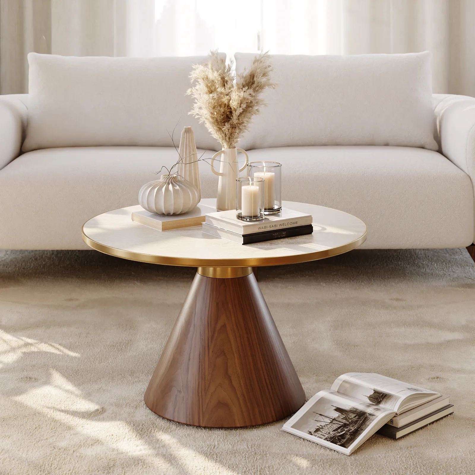 Travertine Sintered Stone Round Coffee Table Modern Walnut Living Room Furniture