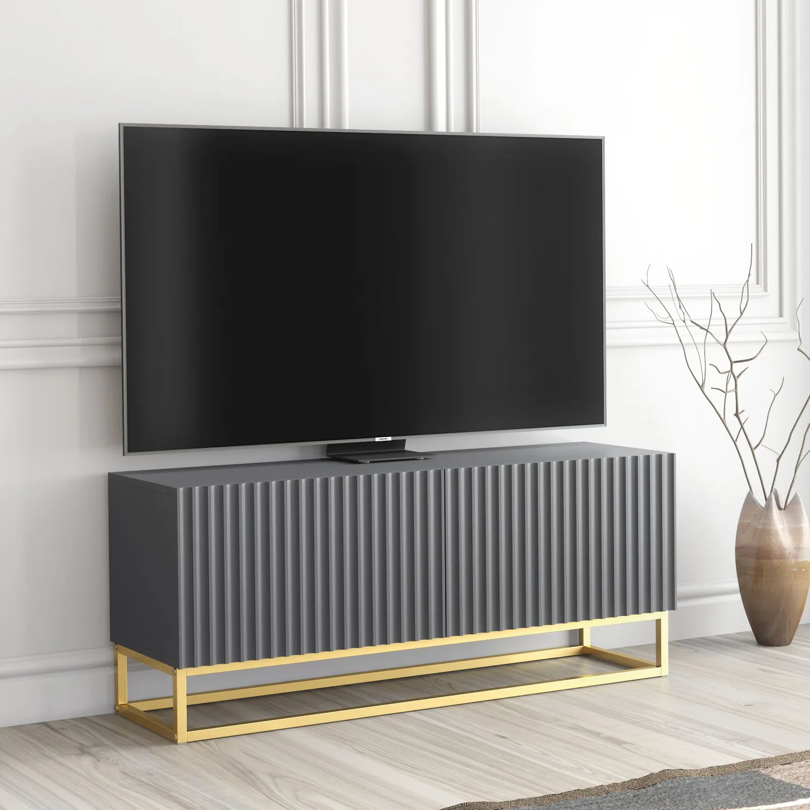 Creative Furniture Ripple TV Unit 100cm - Modern Fluted Design with Push to Open Doors in Dark Grey 3
