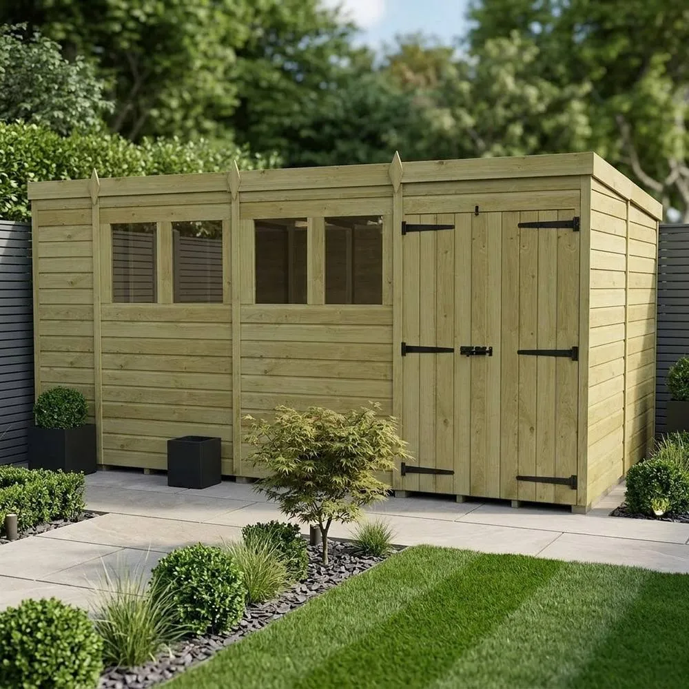 Buttercup Farm 14ft x 10ft Pent Garden Shed Double Door With Windows - Timber in Brown 2