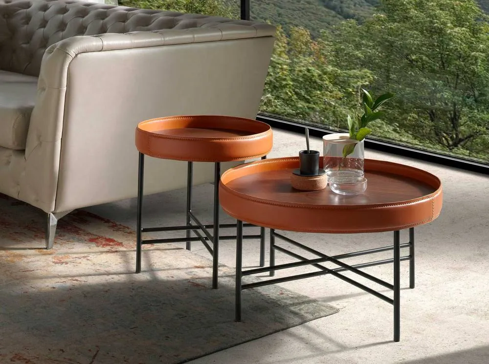 Angel Cerda Round Coffee Table, Walnut Top, Orange Band, Black Steel Legs 6