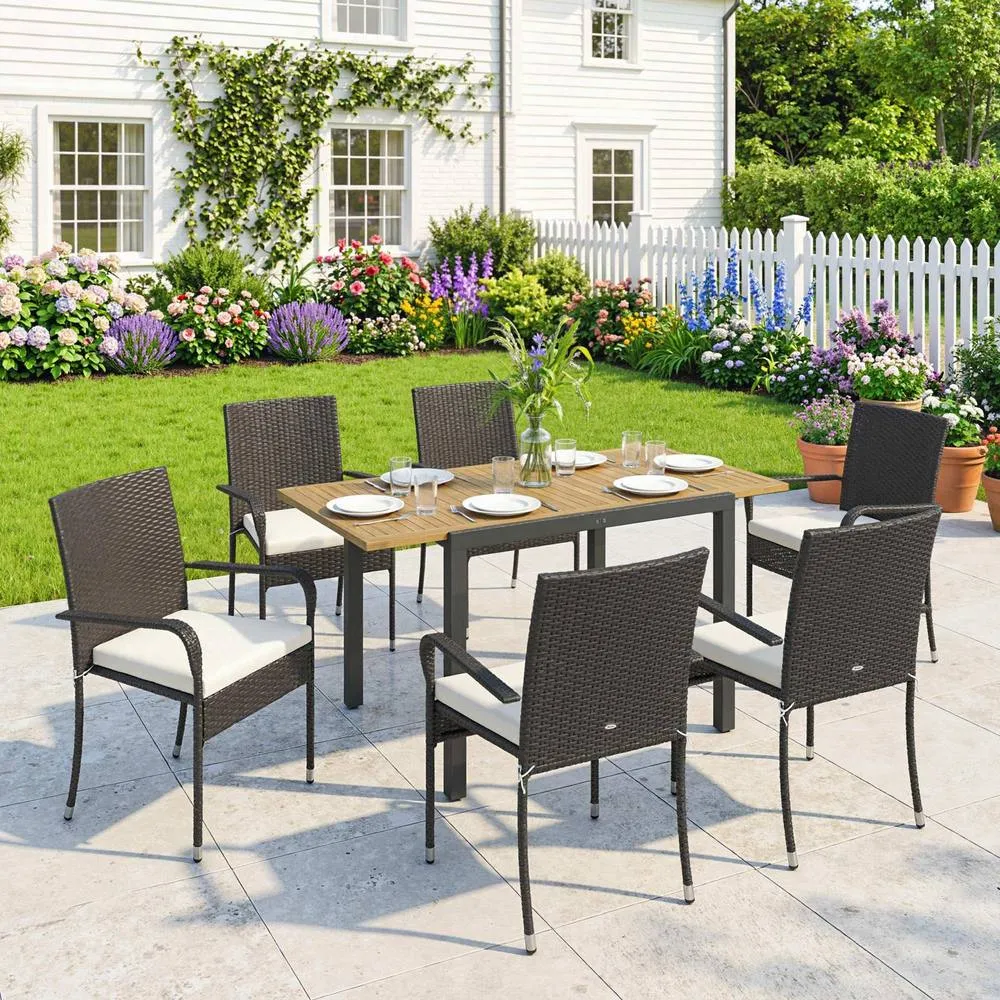 OUTSUNNY 6 Seater Rattan Garden Furniture Set with Stackable Chairs in Cream 1