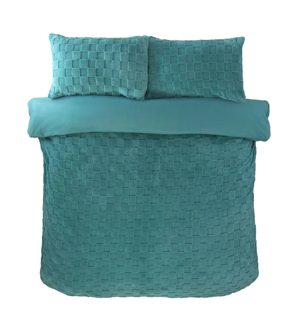 Rapport Home Luxury Check Teddy Polyester Fleece Duvet Cover Set with Pillowcase in Duck Egg Blue 3
