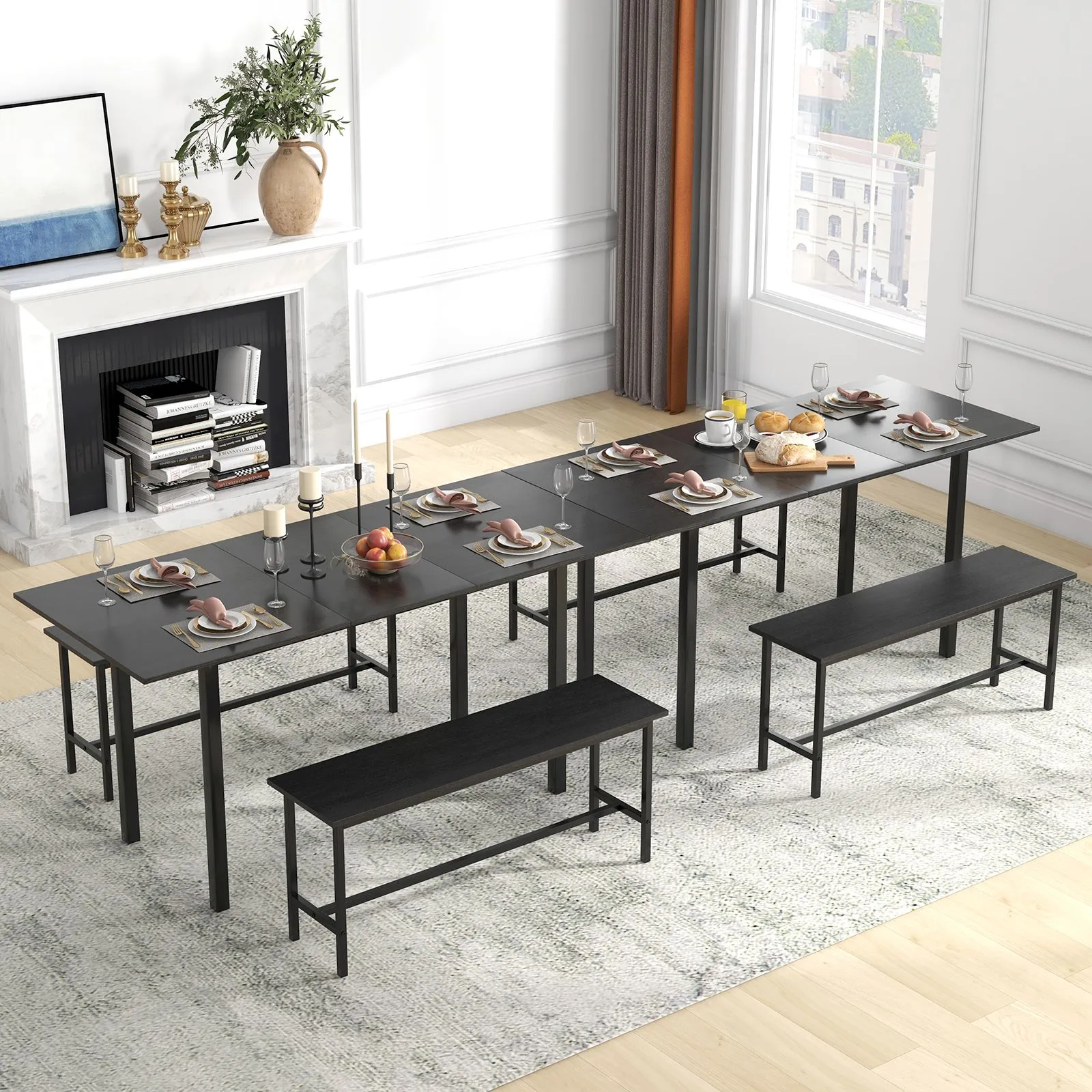 Costway 3 Pcs 160cm Dining Table Set for 4 6 Extendable Kitchen Table Set with 2 Benches in Black 4