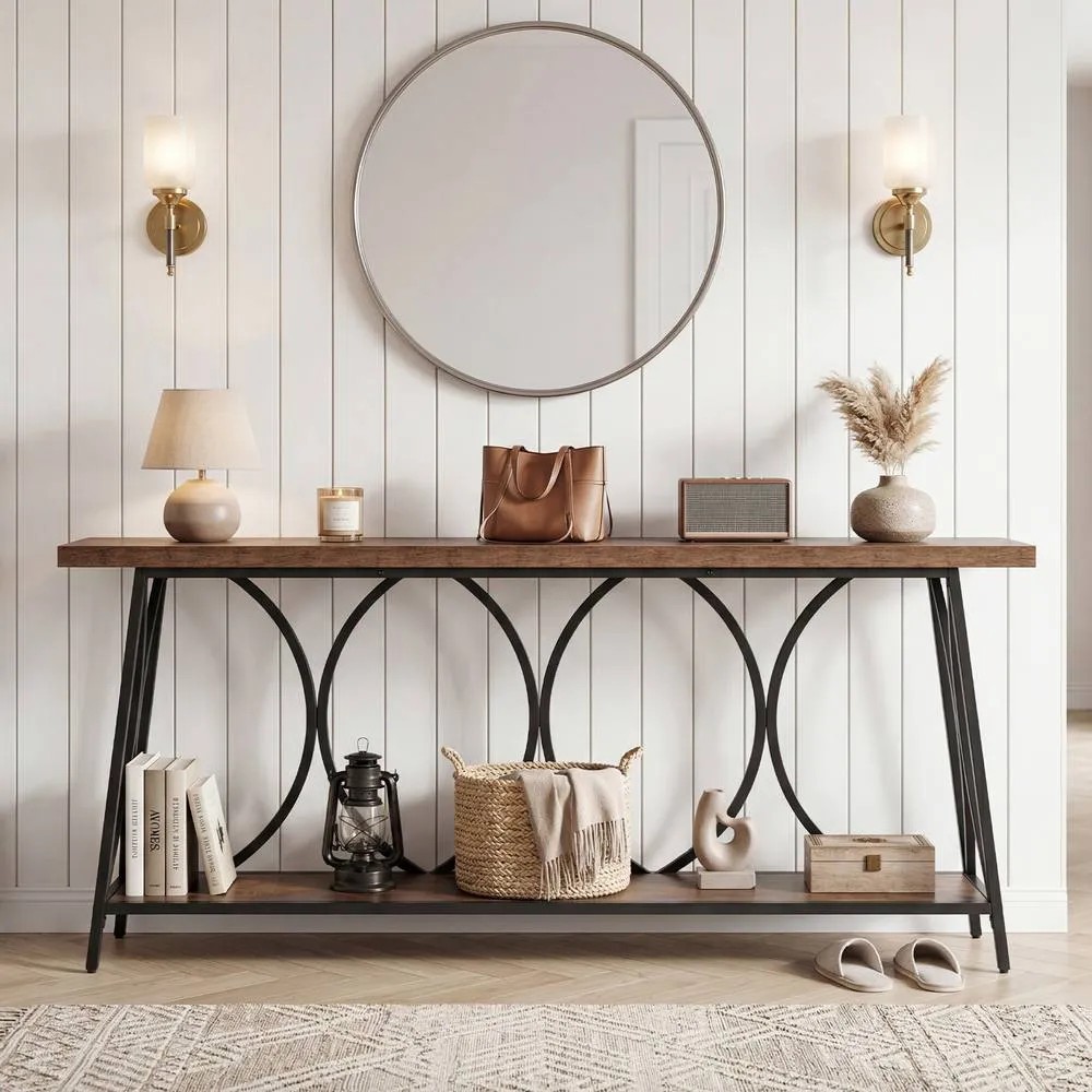 Costway Narrow Sofa Table Behind Couch with Heavy-Duty Metal Frame in Brown 5