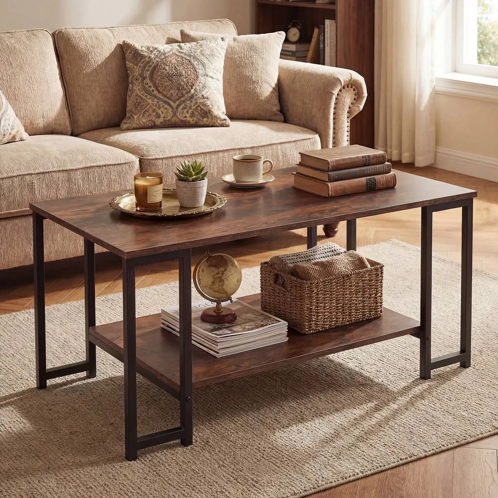 Costway 2-Tier Coffee Table Rectangular Cocktail Table Center Table w/ Shelf in Brown 5