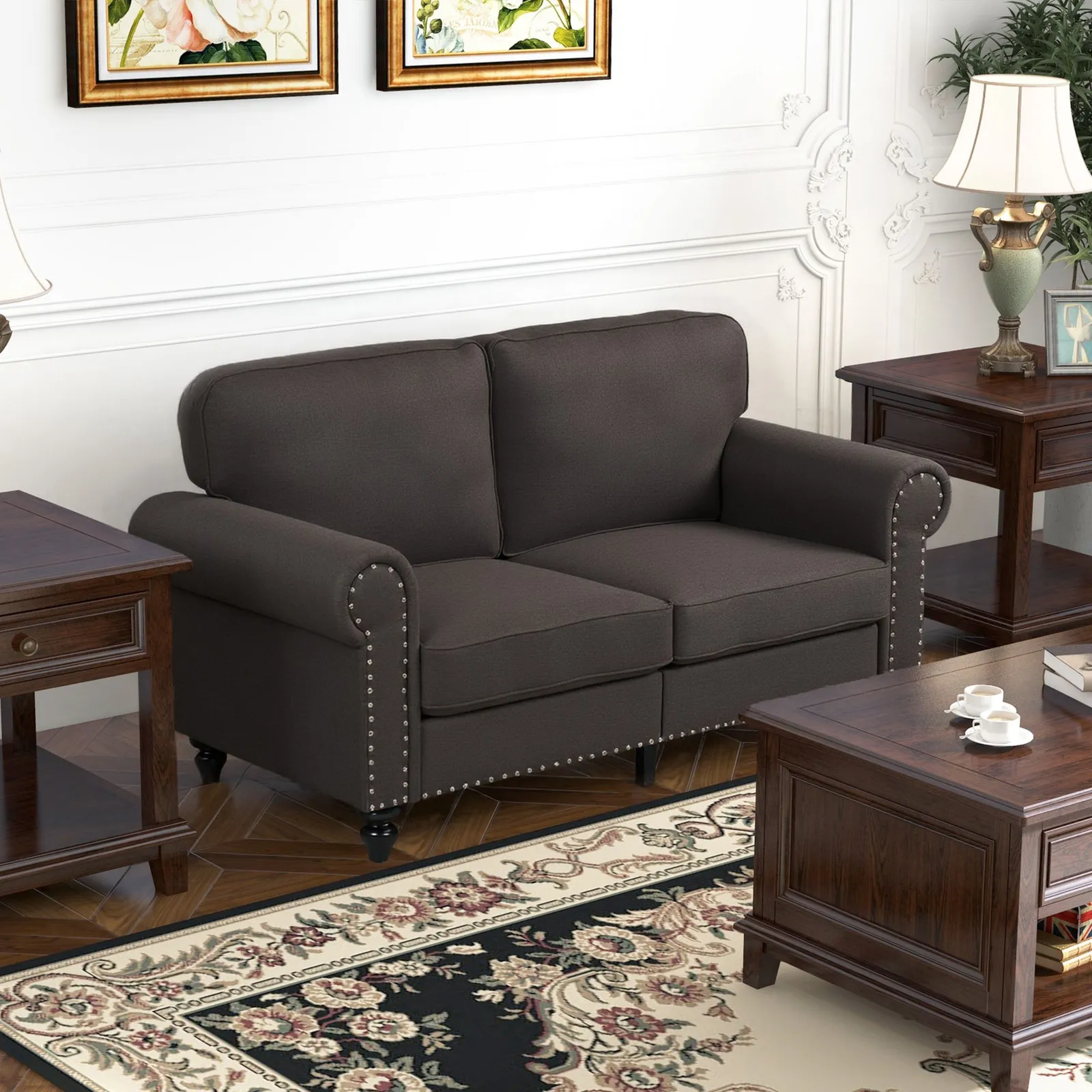 HOMCOM 2 Seater Sofa Couch Fabric Love Seat Sofa with Nailhead Trim in Brown