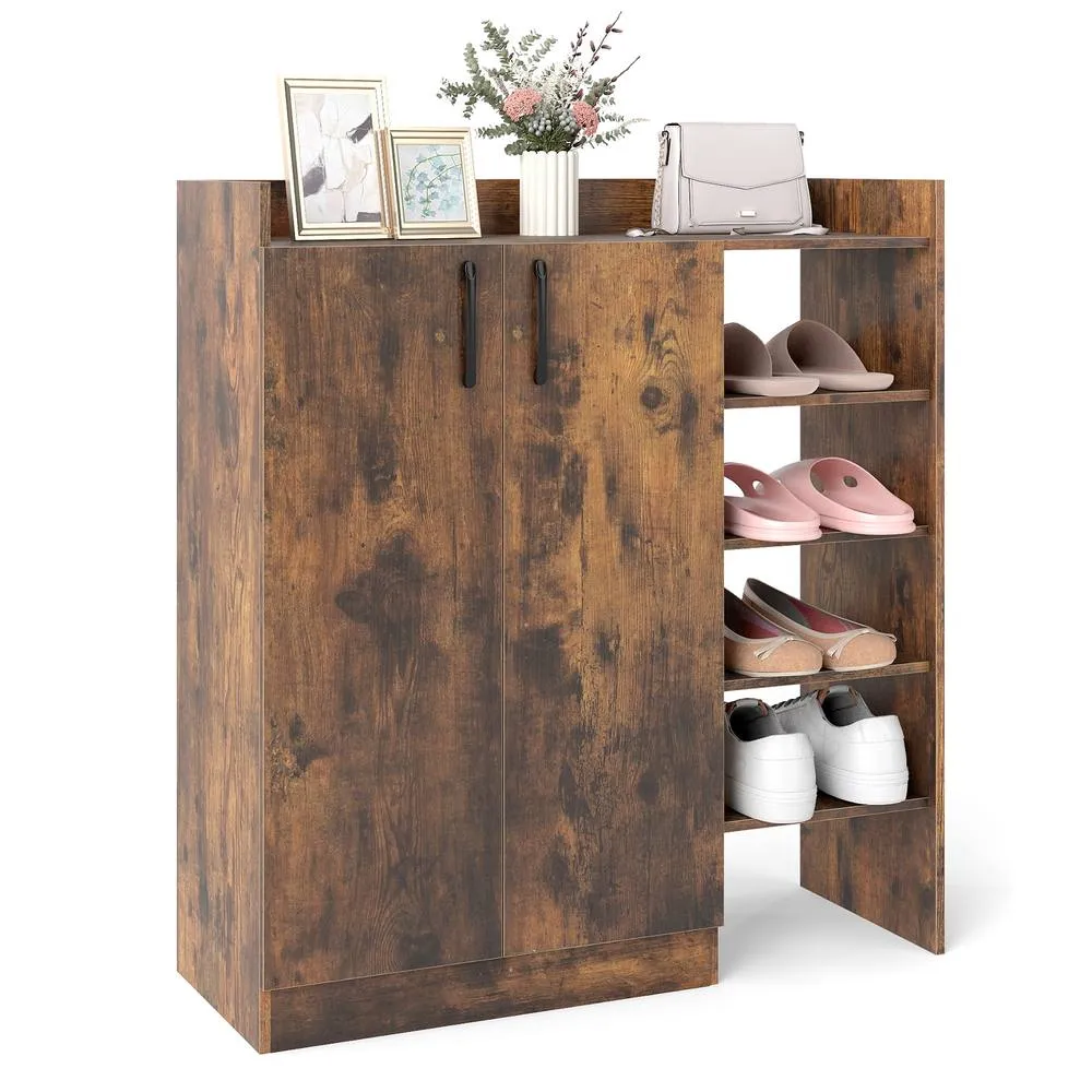 Costway Industrial Shoe Cabinet Shoe Wooden Storage Organizer w/4 Open Shelves in Brown 3
