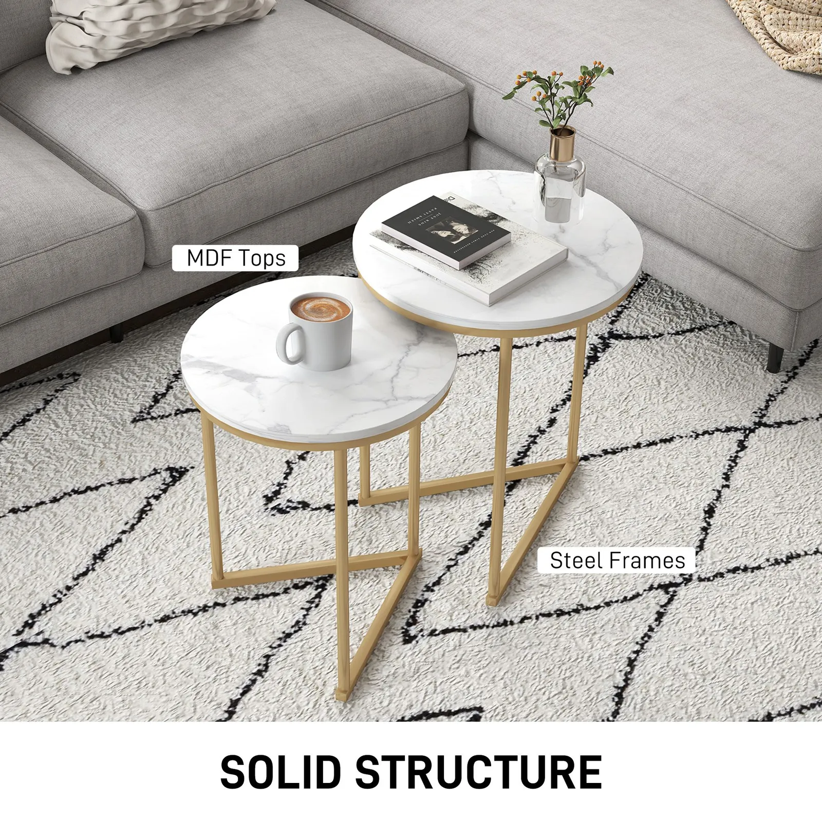 HOMCOM Nesting Coffee Table Set of 2 with Metal Frame, Gold Tone 5