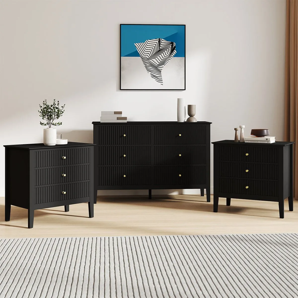 Melody Maison Large 6 Drawer Chest Of Drawers & Pair Of Large Bedside Tables - Hales Black Range