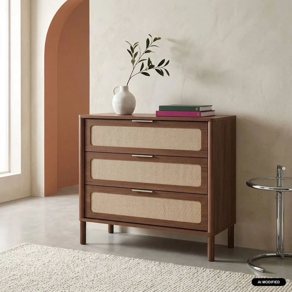 sweeek Vintage chest of drawers with wood decor & cane, 3 drawers in Dark Brown