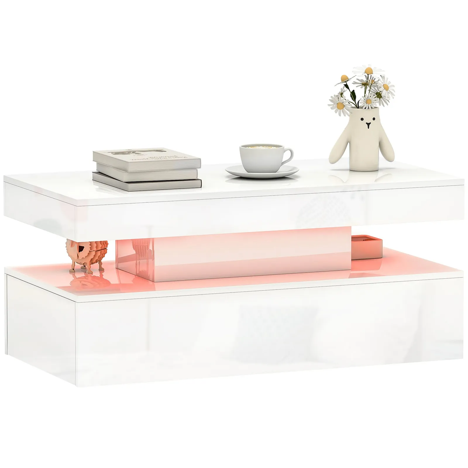 HOMCOM LED Coffee Table with Storage, High Gloss Living Room Table, White 2