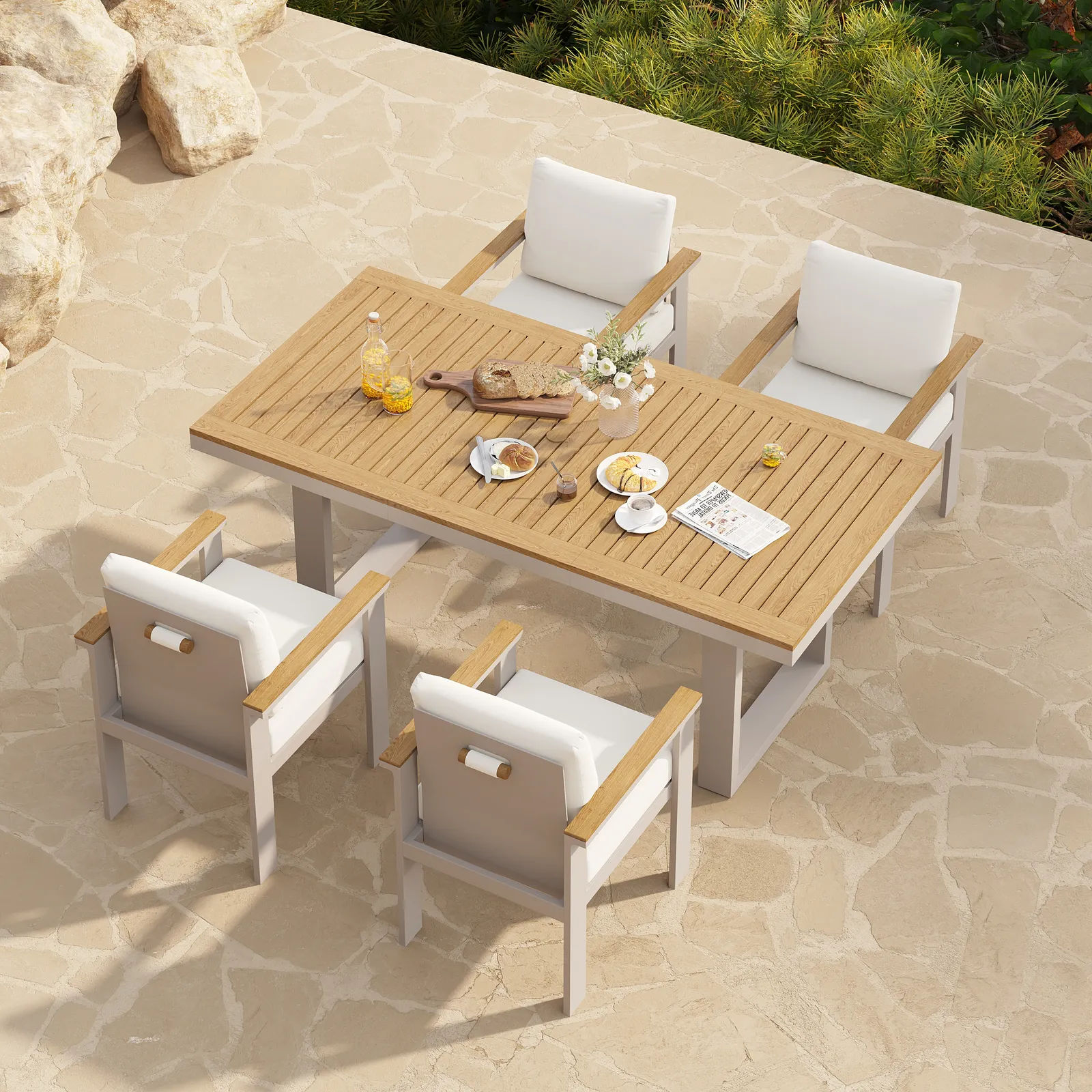 Tevara 5-Piece Rectangular Wood & Aluminium Outdoor Patio Dining Set for 4 People